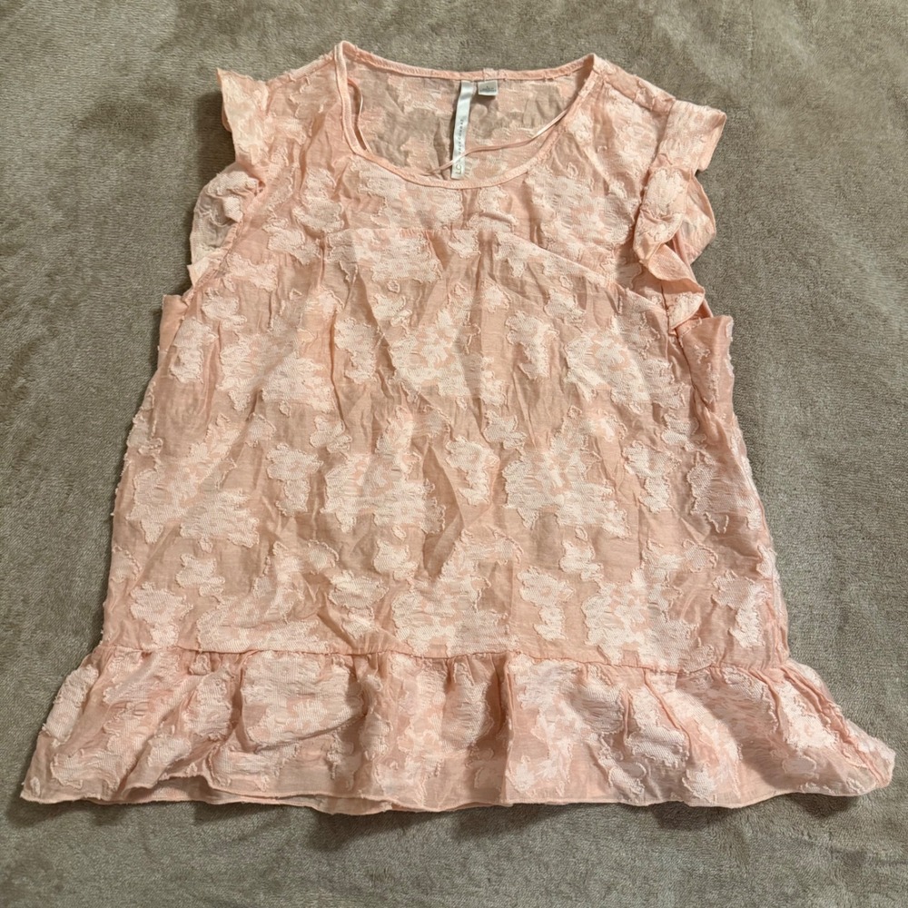 LC Lauren Conrad Peach Floral Eyelash Jacquard Ruffle Peplum Blouse Large